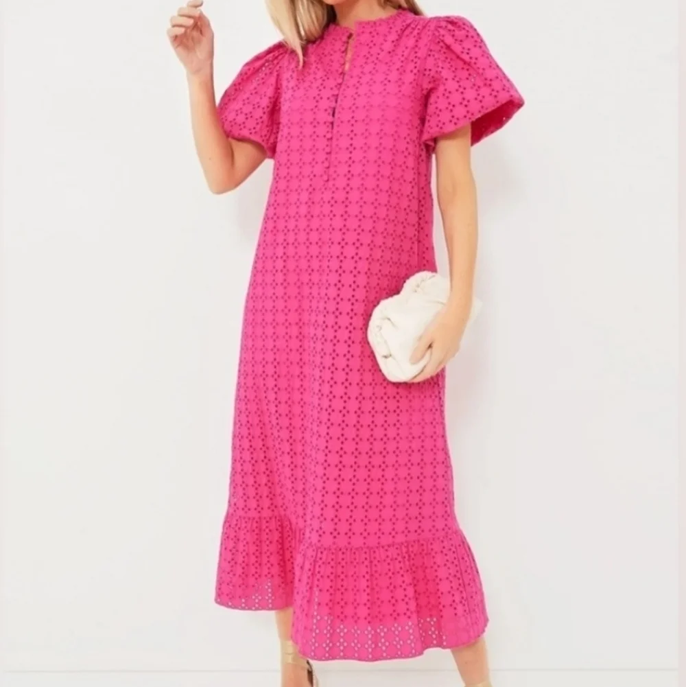 Tuckernuck Hyacinth House Pink Eyelet Midi Dress Ruffle Hem Preppy S - Picture 3 of 15